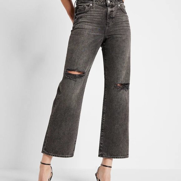 Express Black 90s Ankle Boot Distressed Cropped Jeans - Picture 2 of 8